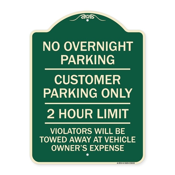 Signmission No Overnight Parking Customer Parking 2 Hour Limit Violators Towed Ve Alum, 24" x 18", G-1824-23838 A-DES-G-1824-23838 - main